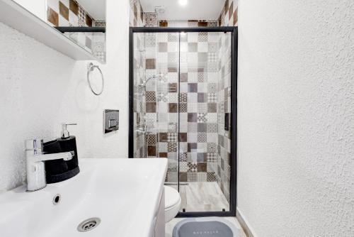 a bathroom with a shower and a toilet and a sink at Furnished Studio Flat 5 min to Coast in Fatih in Istanbul