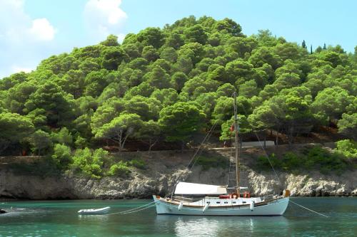 a boat in the water next to a mountain at Dionos Villa with Jacuzzi in Asos