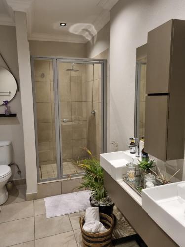 a bathroom with a shower and a sink and a toilet at Soho Luxury Penthouse in Sandton