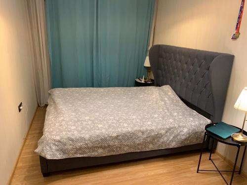 1 dormitorio con 1 cama con cabecero gris en Cosy apartment near downtown and airport en Vilna