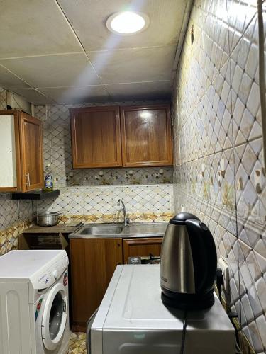 a kitchen with a sink and a washing machine at Tanih's Lodging in Abu Dhabi