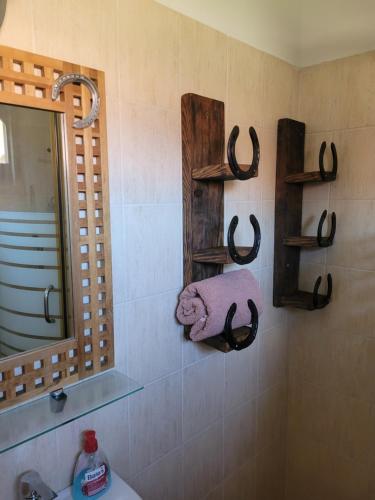 a bathroom with a sink and a mirror at Tótvár lovarda szálláshely in Kővágótőttős