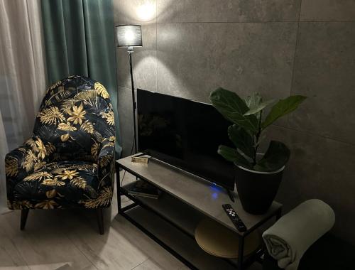 sala de estar con silla y TV de pantalla plana en Przy Złotych Piaskach, en Sława