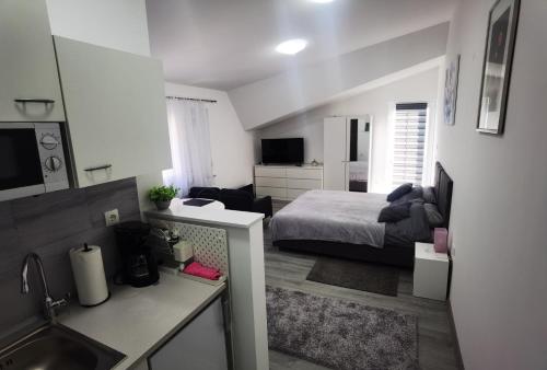 a bedroom with a bed and a kitchen with a sink at Art Room & Apartment in Ogulin