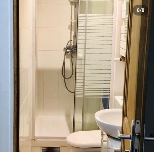 y baño con ducha, aseo y lavamanos. en Appartement charonne en París