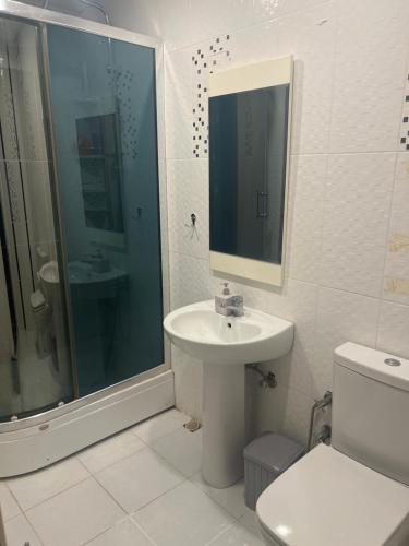 La salle de bains est pourvue d'un lavabo, d'une douche et de toilettes. dans l'établissement Flat For Rent Near The Beach, Konyaaltı, Antalya, à Antalya