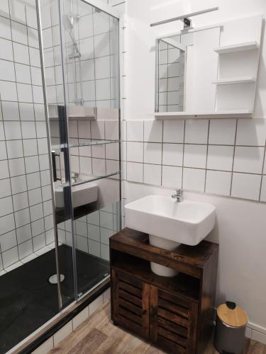 een badkamer met een wastafel en een douche bij Le meublé de Jules et Jade in Casteljaloux
