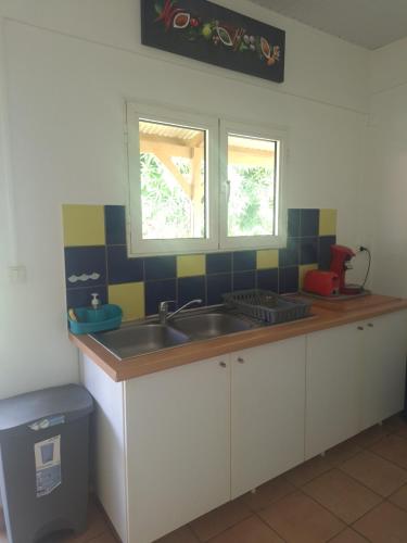 a kitchen with a sink and two windows at Villa Kikine in Le Diamant