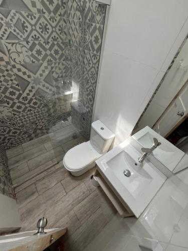 a bathroom with a white toilet and a sink at Muelle Apart Hotel in Tongoy