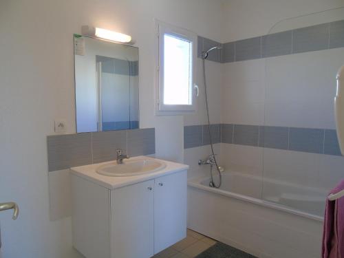 une salle de bain avec un lavabo, une douche et un miroir dans l'établissement Bel appartement avec piscine- Poggio Mezzana, à Poggio-Mezzana