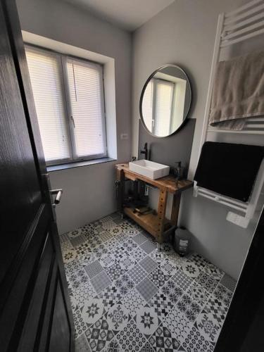 a bathroom with a sink and a mirror at Le Cosy de la Fanière in Yvré-lʼÉvêque