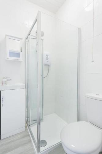 a white bathroom with a shower and a toilet at Beautiful Studio Flat in Hackney next to Overground Station in London