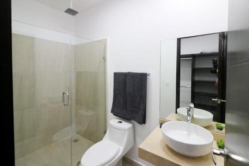 y baño con aseo, lavabo y ducha. en Hermoso depto. a 1 cuadra del Malecón - Flamingo 302 en Mazatlán