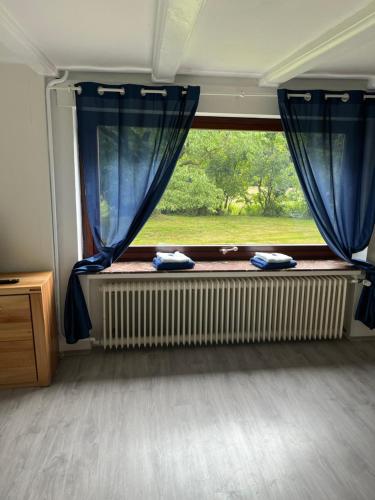 a window in a train with blue curtains on it at Handwerkerwohnung 5-8 Pers in Melle