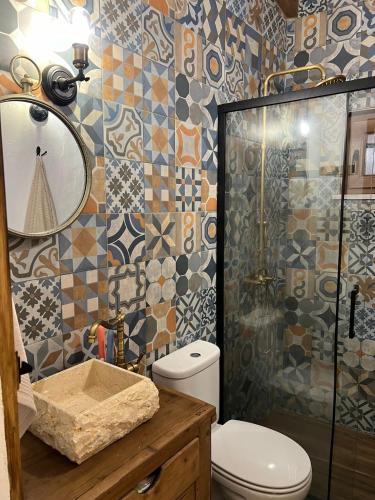a bathroom with a toilet and a shower and a sink at Cantinho da Villa in Portel