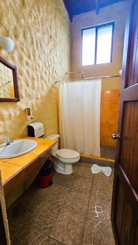 a bathroom with a toilet and a sink and a shower at Confort Arenal in Fortuna