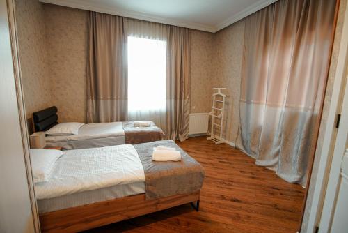 クヴァレリにあるLunisi Kvareliのベッド2台と窓が備わるホテルルームです。