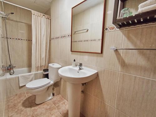 ein Badezimmer mit einem WC, einem Waschbecken und einem Spiegel in der Unterkunft Casa Gerbe in Gerbe