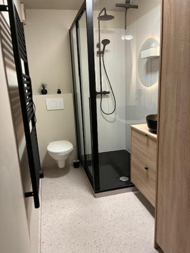 een badkamer met een douche en een toilet. bij Modern and Large 2 bedroom apartment in Middelkerke in Middelkerke