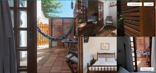 - deux photos d'une chambre avec une porte et une terrasse couverte dans l'établissement Casa do canto, à Búzios