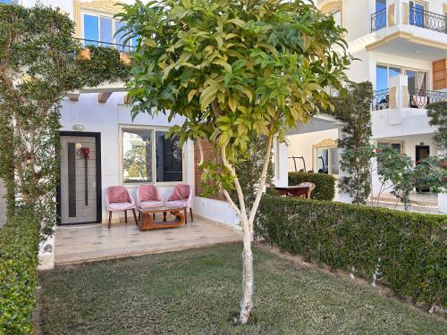 Studio on the ground floor in Sharm Hills Resort with private garden and pool view في شرم الشيخ: بيت فيه كرسيين وشجر