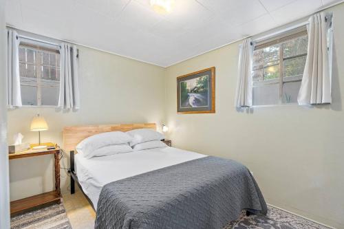 a bedroom with a bed and two windows at Cozy Holiday Hideaway King Bed Free Parking in Boise