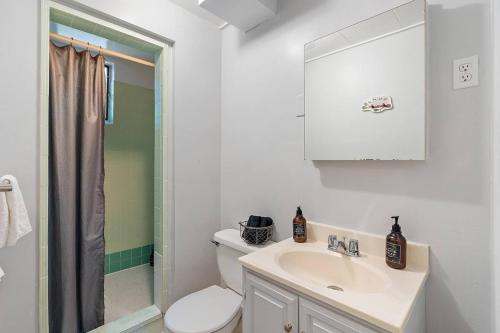a bathroom with a sink and a toilet and a shower at Cozy Holiday Hideaway King Bed Free Parking in Boise