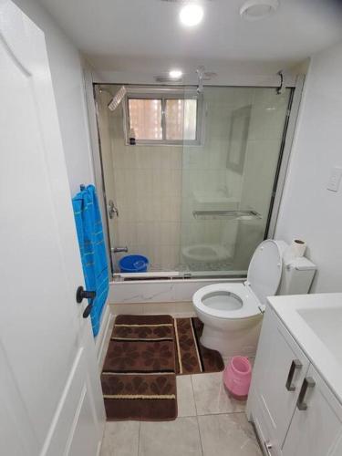 uma casa de banho com um chuveiro, um WC e um lavatório. em Basement apartment, 25 Minutes to Downtown em Toronto
