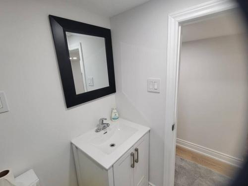 uma casa de banho com um lavatório e um espelho na parede em Basement apartment, 25 Minutes to Downtown em Toronto