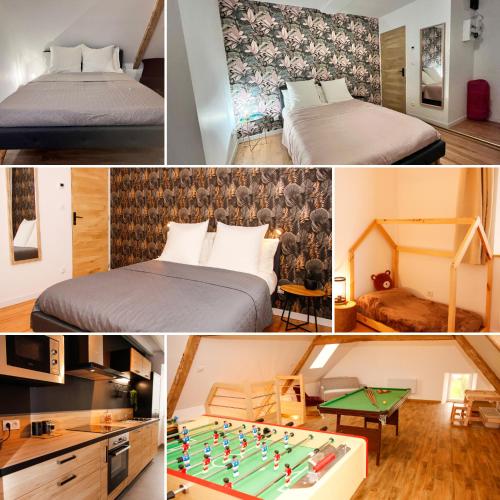 un collage de photos d'une chambre d'hôtel avec un billard dans l'établissement Normandy Sérénity Cottage, à Grandcamp-Maisy
