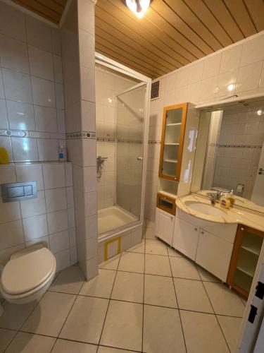ein Bad mit einem WC, einem Waschbecken und einer Dusche in der Unterkunft MonteurHaus Am Airport in Bremen