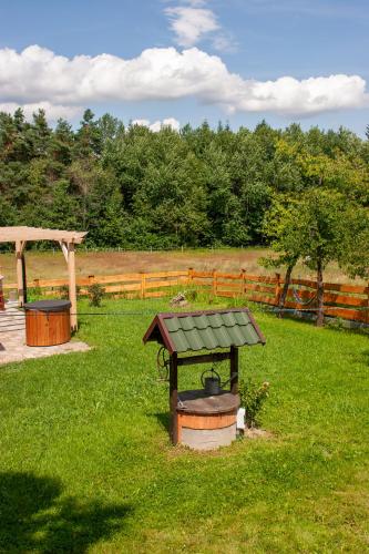 a picnic table in the grass in a yard at Ranczo Molikówka gospodarstwo z Końmi Sauna i Banią in Siołkowa