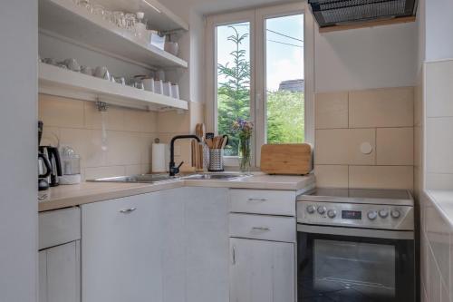 a kitchen with white cabinets and a sink and a window at Kuća za odmor La Vi in Mrkopalj