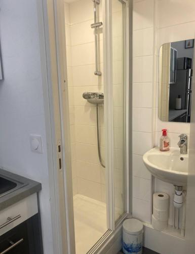 a bathroom with a shower and a sink at Studio Vincennes centre in Vincennes