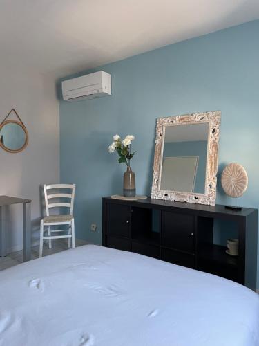 a bedroom with a bed and a mirror on a dresser at Charmante villa au calme entre mer et Cévennes Animaux de compagnie acceptés in Saint-Gély-du-Fesc