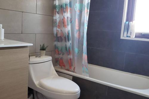 a bathroom with a toilet and a shower curtain at Casa en condominio de parcelas in Yumbel