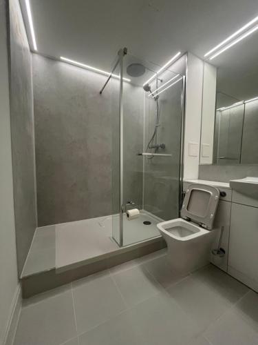 a bathroom with a shower with a toilet and a sink at Victoria suite in London