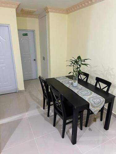 a black dining room table with chairs and a plant on it at STD norte Apartamento Grande in Santo Domingo