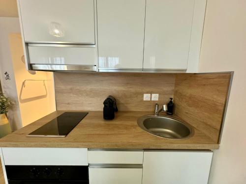 a kitchen counter with a sink and white cabinets at Magic Appartement Disneyland in Serris
