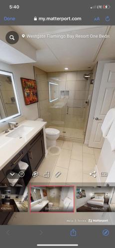 a bathroom with a shower and a sink and a toilet at Westgate Flamingo Bay Resort in Las Vegas