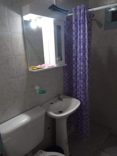 a bathroom with a sink and a toilet and a mirror at CABAÑA NUESTRO HOGAR in San Rafael