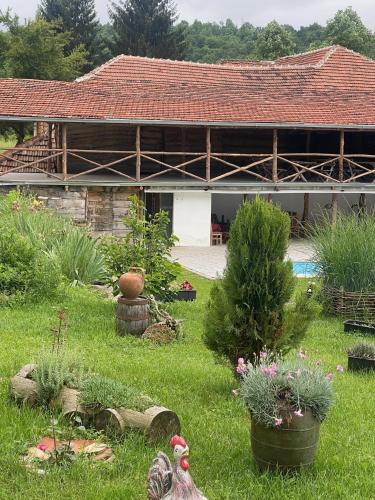 a house with a yard with chickens in the grass at Etno Selo Stara Planina in Kalna