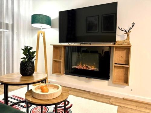 a living room with a fireplace and a tv at Panorama Karkonoszy - Apartamenty KOMFORT z widokiem na Śnieżkę i Aquapark in Karpacz