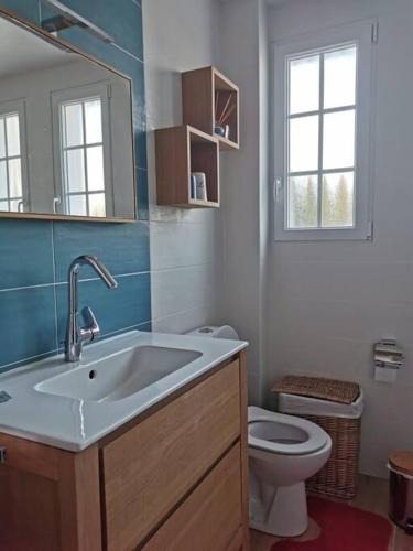 une salle de bain avec un lavabo, des toilettes et un miroir dans l'établissement La maison de Kerlois, à Carnac