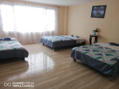 巴尼奧斯的住宿－CASA DE LINDA，一间卧室设有两张床和窗户。