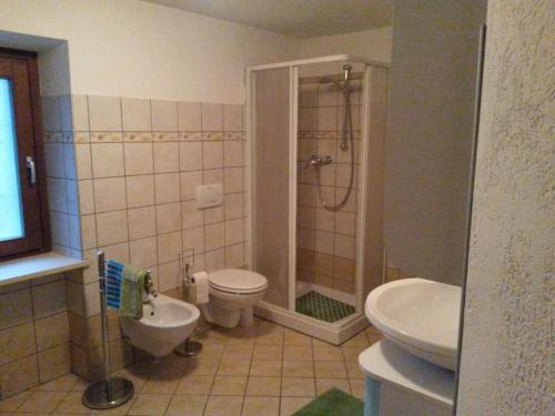 ein Bad mit einer Dusche, einem WC und einem Waschbecken in der Unterkunft Casa Elisa in Doues