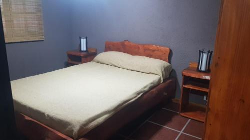 a small bedroom with a bed and two night stands at Alojamiento Tanti in Villa Santa Cruz del Lago