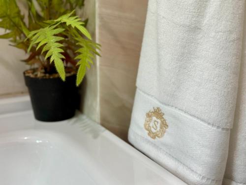a towel sitting on top of a bathroom sink with a plant at Moderno Penthouse in Solorín