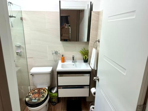 a small bathroom with a sink and a toilet at Moderno Penthouse in Solorín