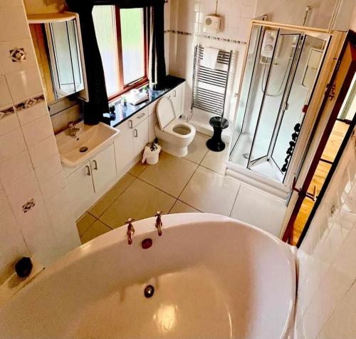 uma casa de banho com uma banheira, um WC e um lavatório. em Holly Lodge 12 Hot Tub em York